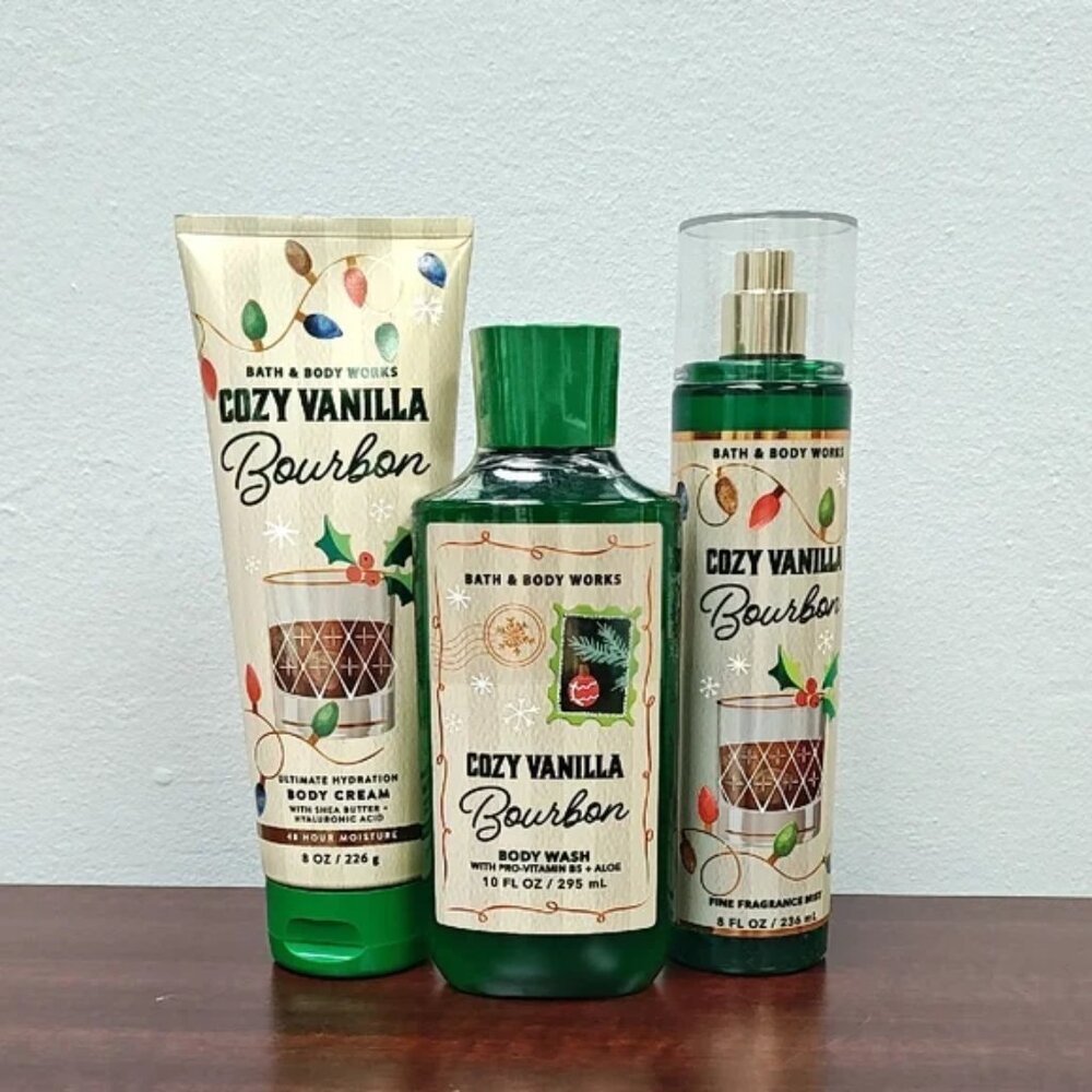 Bath & Body Works COZY VANILLA BOURBON 3 Piece Body Care Bundle Set